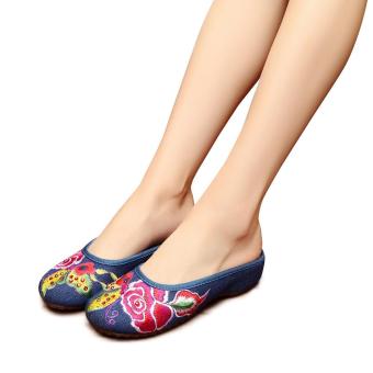 Veowalk Fashion Summer Woman Slides Old Peking Flat Slippers Women's Vintage Sandals Flower Embroidered Sandalias zapatos muje Blue - intl  