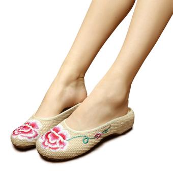 Veowalk Floral Embroidered Asian Women's Casual Linen Fabric Flat Slides Slippers Summer Ladies Sandals Shoes Beige - intl  