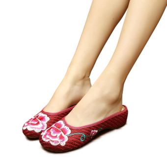Veowalk Floral Embroidered Asian Women's Casual Linen Fabric Flat Slides Slippers Summer Ladies Sandals Shoes Red - intl  
