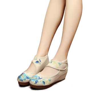 Veowalk Floral Embroidery Women's Casual Platform Shoes Cotton Ankle Wrap 5cm Mid Heel Vintage Canvas Wedges Pumps Beige - intl  