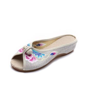 Veowalk Flower Embroidered Women Casual Cotton Linen Flat Slippers Open Peep Toe Ladies Summer Slides Sandals Shoes Sandials Beige - intl  