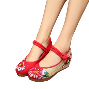 Veowalk Flower Embroidered Women's Casual Linen Platform Shoes Cotton Mary Jane Buckles 5cm Mid Heels Ladies Canvas Wedges Pumps Red - intl  