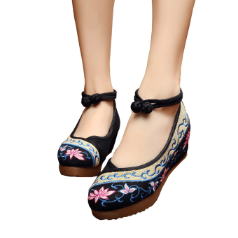Veowalk Flower Embroidered Women's Casual Platform Shoes Cotton Ankle Buckles 5cm Mid Heels Ladies Canvas Wedges Pumps Black - intl - intl  