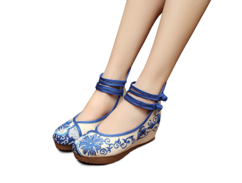 Veowalk Flower Embroidered Women's Casual Platform Shoes Denim Cotton Ankle Buckle 5cm Mid Heel Ladies ComfortCanvas Wedges Pumps Blue - intl  