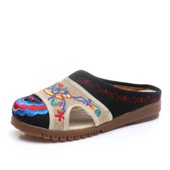 Veowalk Flower Embroidered Women's Cotton Linen Slippers Summer Ladies Canvas Flat Slides Sandals Woman Comfort Walking Shoes Black - intl  