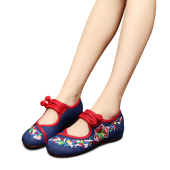 Veowalk Flower Vine Embroidery Asian Women's Casual Cotton Cloth Flat Shoes Mary Jane Ladies Vintage Old Beijing Canvas Ballets Blue - intl  