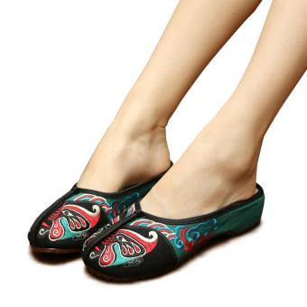 Veowalk Mask Embroidered Women Canvas Slides Shoes Casual Cotton Cloth Flat Sliipers Black - intl  