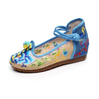 Veowalk New Asian Women Floral Embroidered Canvas Ballet Flats Casual Cotton Mary Jane Platform Shoes Gum Bottom Blue - intl  