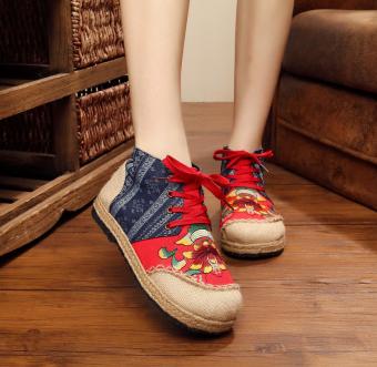 Veowalk Thai Style Women Casual Linen Hemp Flat Platforms Cotton Floral Embroidered High Top Lace up Shoes for Ladies Red - intl  
