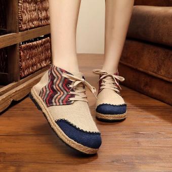 Veowalk Thailand Style Women Casual Linen Cotton Flat Platforms Geometry Embroidery High Top Lace up Shoes for Ladies Beige - intl  