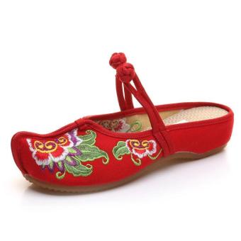 Veowalk Vintage Embroidered Women Cotton Slippers Slip on Ladies Canvas Flat Slides Summer Sandals Shoes Zapatos Mujer Buckles Red - intl  