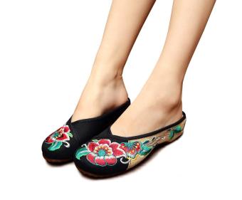 Veowalk Women Casual Linen Fabric Slide Slippers Floral Embroidery Slip on Flat Sandal Shoes for Asian Ladies Black - intl  