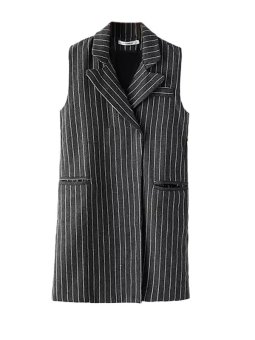 Vertical Stripe Notched Neck Pocket Vest Jacket Grey  