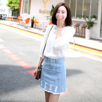 VICI Korean hole denim skirt waist thin solid cowboy A word skirt - Intl  