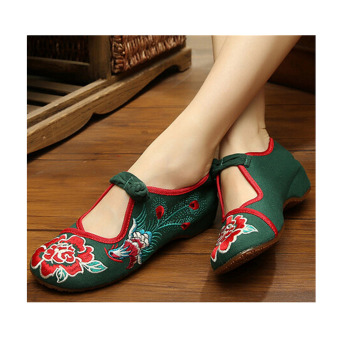 Vintage Chinese Embroidered Floral Shoes Women Ballerina Mary Jane Flat Ballet Cotton Loafer Green 34 - Intl  