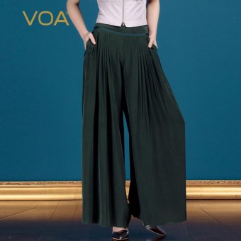 VOA 2017 Autumn Army Green Trousers Pocket Silk Wide Leg Pants - intl  