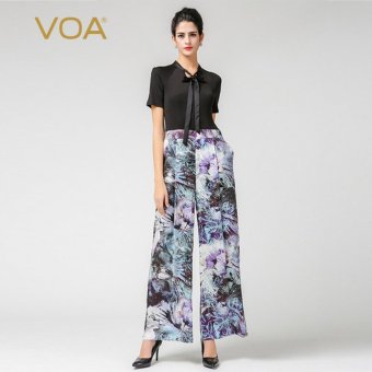 VOA 2017 Summer Short Raglan Sleeve High Waist Wide-legged Pants Splice Silk Jumpsuits - intl  
