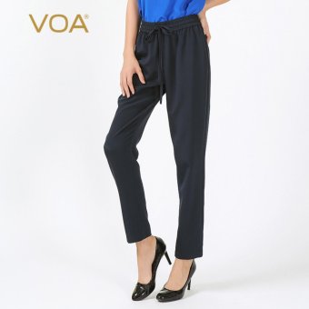 VOA Elastic Waist Casual Pants Spring And Autumn Navy Blue Silk Drawstring Trousers Simplicity Feet Pants - intl  