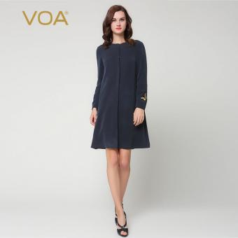 VOA Navy Blue Long-sleeved Straight Silk Butterflies Embroidered Coat - intl  