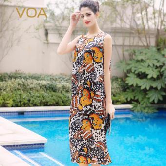 VOA Silk Print O-Neck Sleeveless Long Dress Graceful Casual Straight Dress - intl  