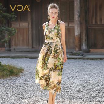 VOA Sleeveless Printing V-neck Silk Dress A5806 - intl  