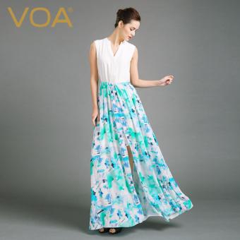 VOA V-Neck Sleeveless Splice Split Dress Women's Silk Dress White And Blue - intl  