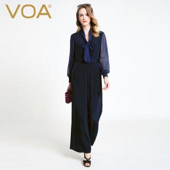 VOA Women's Silk European Fashion Party Long Sleeve Loose Jumpsuits Navy Blue - intl  