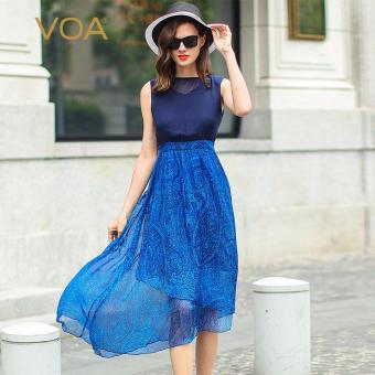 VOA Women's Silk Fashion O-Neck Sleeveless Bohemian Style Maxi Dress Navy Blue - intl  