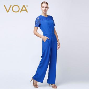 VOA Women's Silk Lace Stitching European Slim Jumpsuit Blue - intl  
