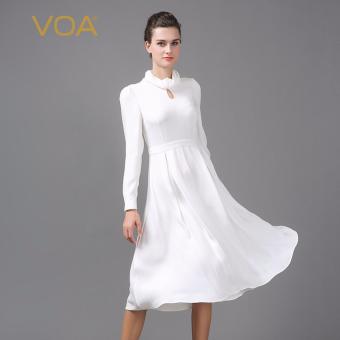 VOA Women's Silk Long Sleeves Slim Solid Fashion Casual Dress White - intl  