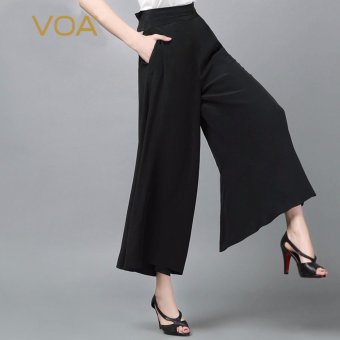 VOA Women's Silk New Fashion Loose Pocket Solid Wide-Leg Elegant Pant Black - intl  