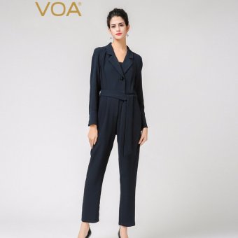 VOA Women's Silk New Fashion Spring Lapel Collar Solid Long Sleeve Jumpsuit Navy Blue - intl  