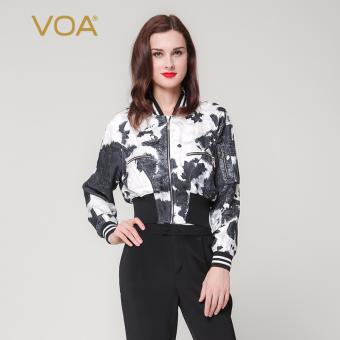 VOA Women's Silk New Fashion Stand Collar Batwing Sleeve Bomber Jacket Black Floral - intl  