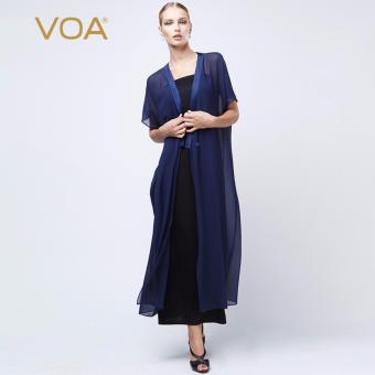 VOA Women's Silk New Fashion Summer Pocket Solid Elegant Long Lightweight Coat Navy Blue - intl  