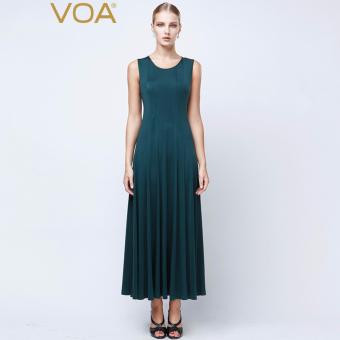VOA Women's Silk New Solid Slim Brief Casual O-Neck Sleeveless Dress Dark Green - intl  