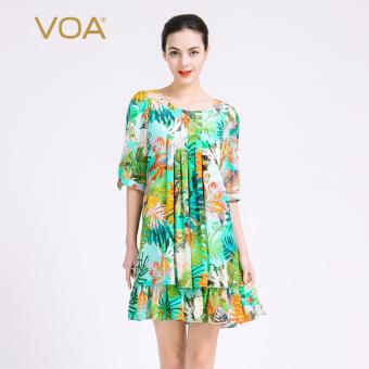 VOA Women's Silk New Spring O-Neck Casual Layered Dress Green Floral - intl  