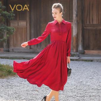 VOA Women's Silk New Spring Polo Collar Elegant Vintage Solid Long Dress Red - intl  