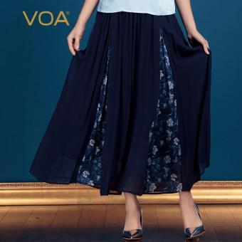 VOA Women's Silk New Summer Casual Patchwork Long Pleated Skirt Navy Blue - intl  