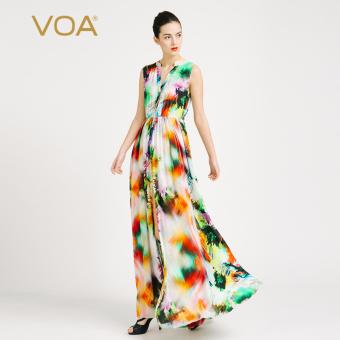 VOA Women's Silk New Summer Casual V-Neck Sleeveless Long Dress Floral - intl  