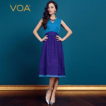 VOA Women's Silk New Summer V-Neck Sleeveless Solid Elegant Brief Dress Blue - intl  