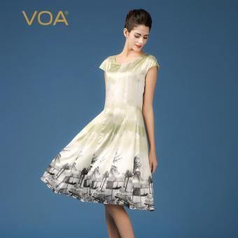 VOA Women's Silk O-Neck Short Sleeve Chinese Painting Midi Dresses - intl  