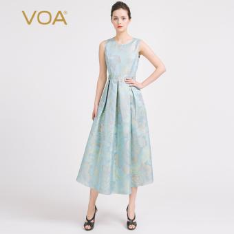 VOA Women's Silk O-Neck Sleeveless Slim Elegant Swing Dress Blue Floral - intl  