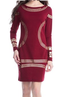 Vococal Pencil Skirt Bodycon Print Style Long Sleeve Scoop Neck Dress (Burgundy)  