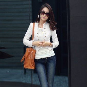 Wanita dunia maya stan panjang lengan baju kerah berkancing dua jaket jas pendek (putih)  