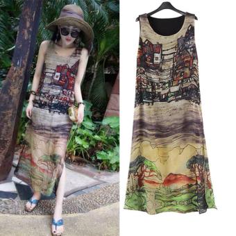 Water Ink Paint Silk Women Dress Summer Vintage Chiffon Sleeveless Long Sundress - intl  