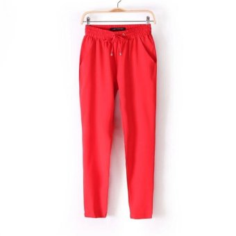 Western Style 2016 Summer Hot Sale Chiffon Pants Women Casual Harem Pants Drawstring Elastic Trousers Red  