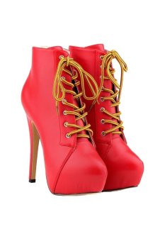 Win8Fong Women's High Heel Ankle Boots Lace Up Platform Party Boots (Red)  