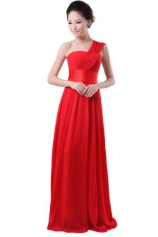 Win8Fong Women's One Shoulder Wedding Bridesmaid Prom Ball Chiffon Evening Dress Red  
