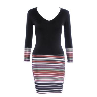 Woen Black Stitching Bodycon Striped 3/4 Sleeve Sli ini Dress  