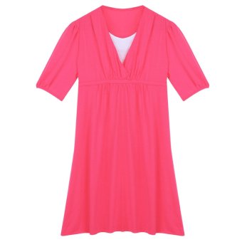 Woman False Two Casual Pregnant V-neck Dress (Rose Red)  